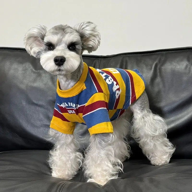 Yellow blue red striped T-shirts dog clothing vintage shirts small dog clothing cat printed clothing spring autumn Yorkshire pet supplies 250318