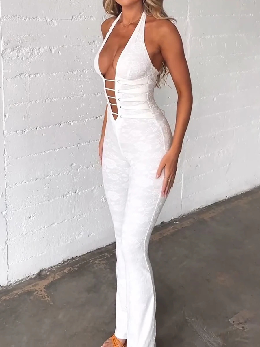 Fashion Women Lace Jumpsuits Halter Neck Cross Backless Sleeveless Long Rompers Summer Slim Playsuits Clubwear S M L 250320