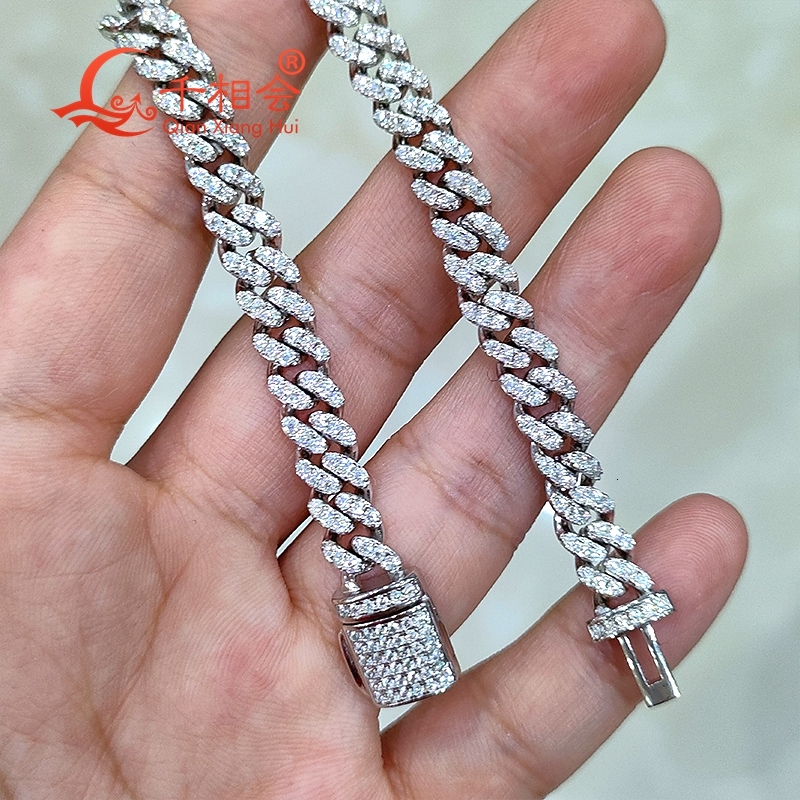 Sterling Silver Bracelet 6mm Width Half Moon with Moissanite Diamond Hip Hop Style Cuban Link Chain 925 Miami Jewelry