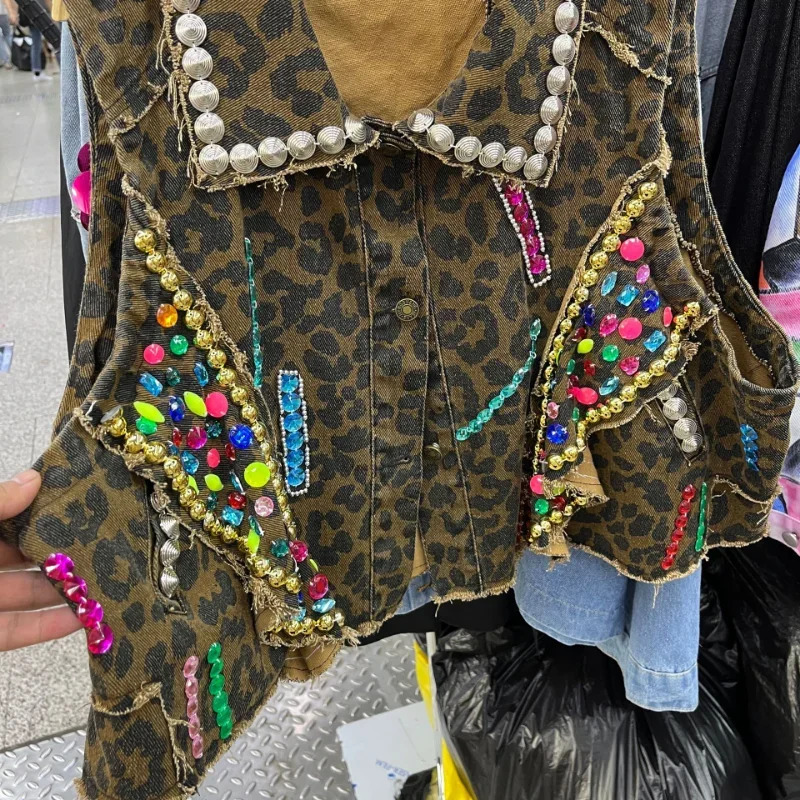 Women Leopard Print Sequined Denim Vest Summer Sleeveless Rivets Jeans Coat High Waist Rhinestones Jacket Waistcoat Crop Tops 250320
