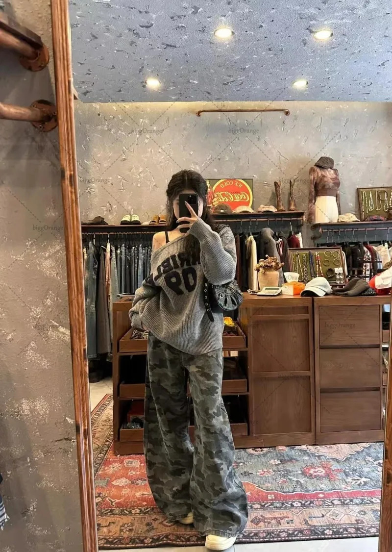 American Retro Camouflage Oversized Jeans Fashionable Loose Personality Street Hip-hop Trendy High Waist Wide-leg Straight Pants 250320