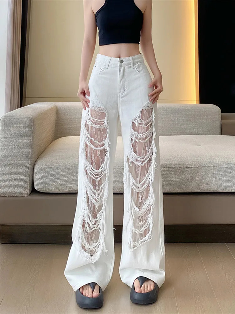 Ropa Y2K Fashion White Pocket Lace Hollow Tear Stacked Jeans Womens Clothing Hip Hop Women Trouser Pantalon Women 250320