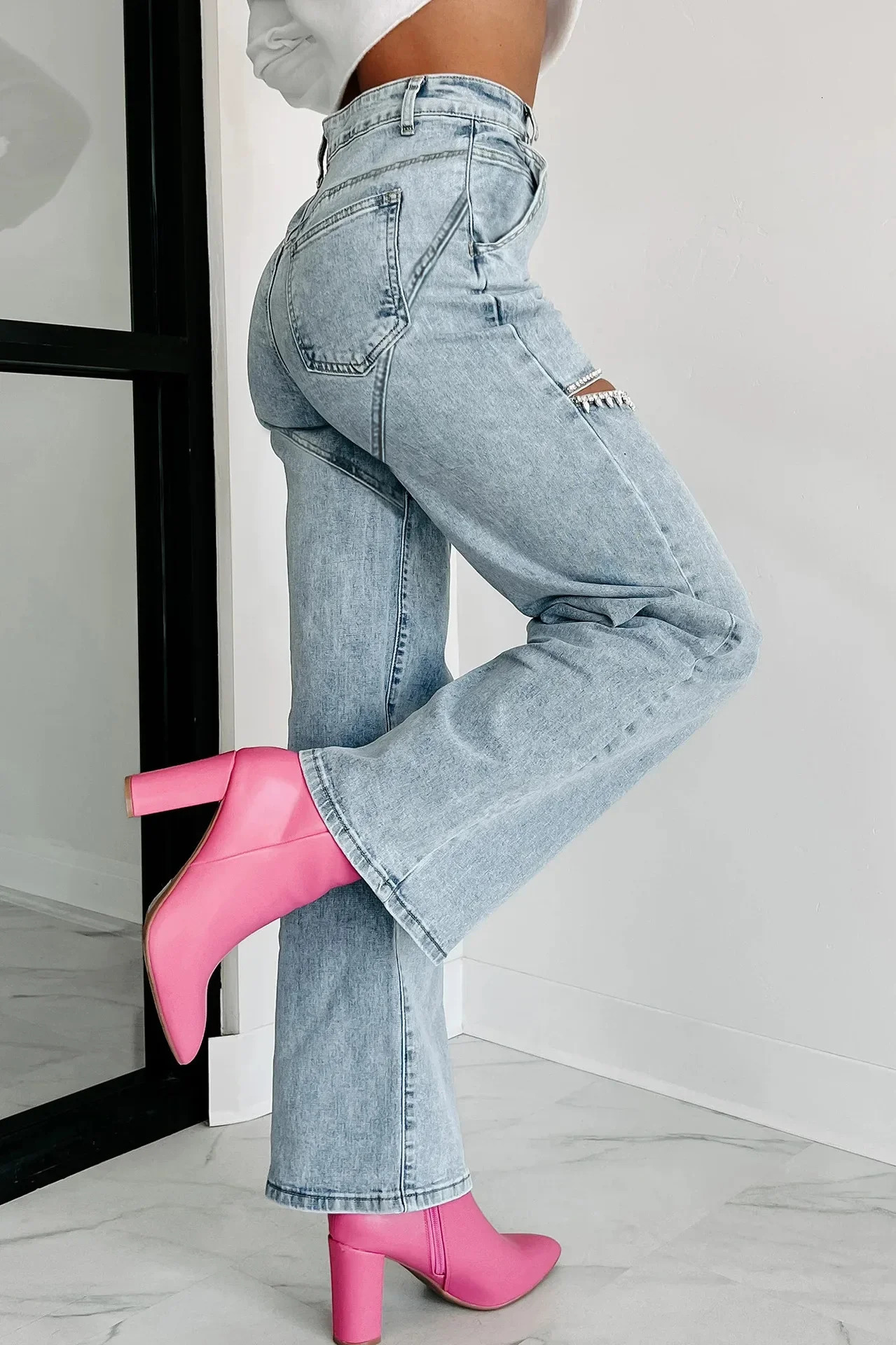 Womens casual loose blue Y2k solid elegant splicing straight Trouser hole high waisted jeans summer 250317
