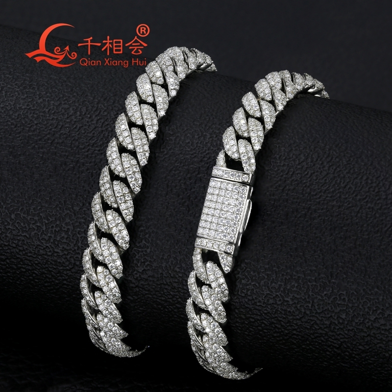 Half Moon Shaped Bracelet 10mm S925 Sterling Silver Cuban Chain with Moissanite Diamond Hip Hop Style Miami Cuban Link Chain