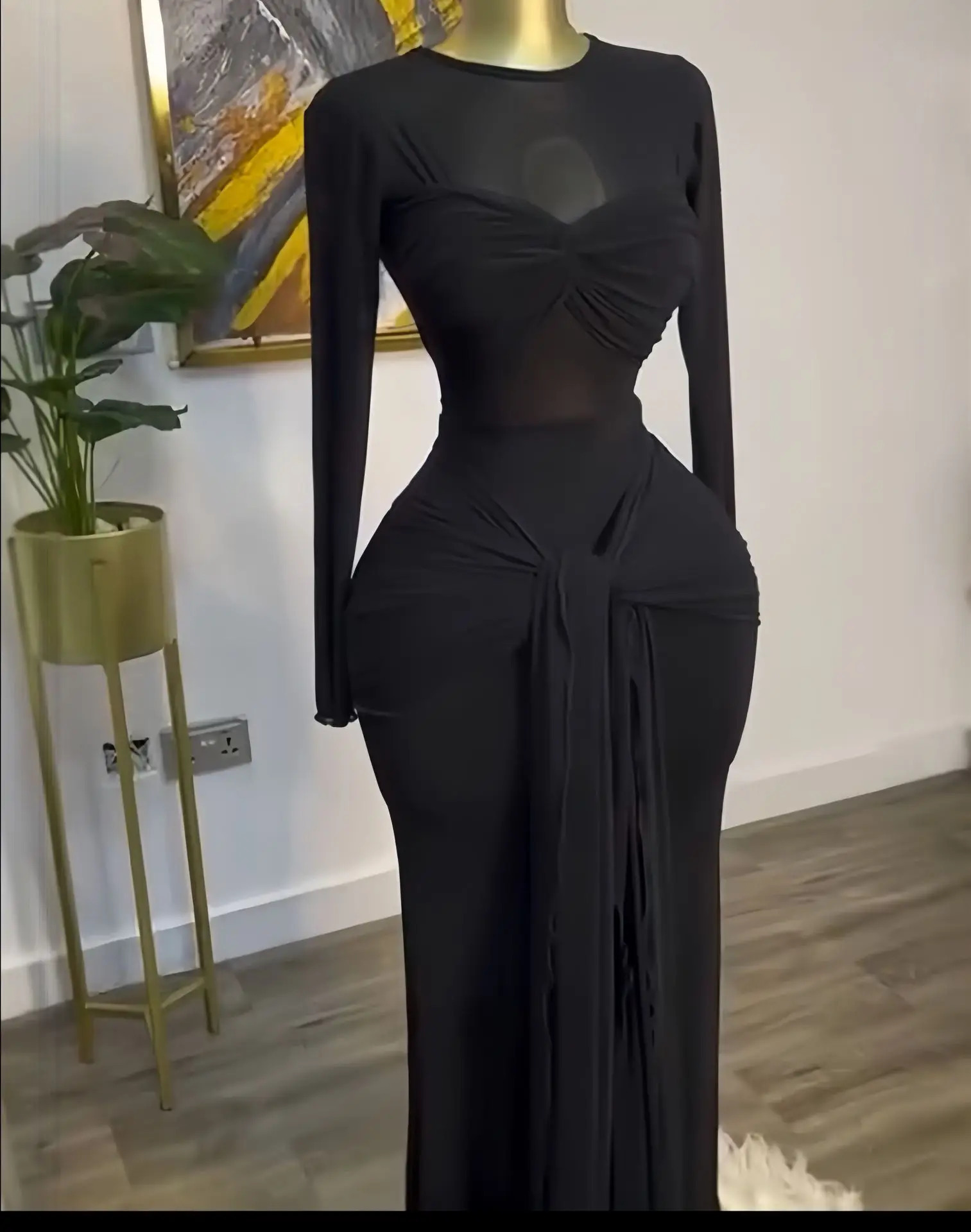 CMYAYA Women Mesh See Though Long Sleeve Maxi Bowknot Dress Evening Sexy Club Party High Street Dresses 250317