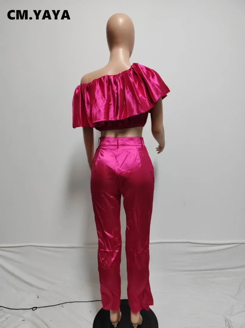 CM.YAYA Fashion Satin Womens Set Butterfly Sleeve Crop Top and Wide Leg Pants Suit Party Club Even Two 2 Piece Sets Outfit 250320