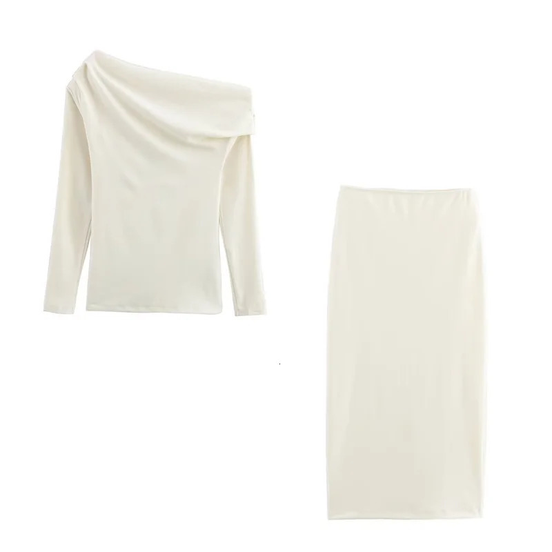 Womens Elegant Skirt Set Asymmetric Long Sleeve Top Midi Tight Skirt Spring 2025 Simple Casual Womens Set 250320