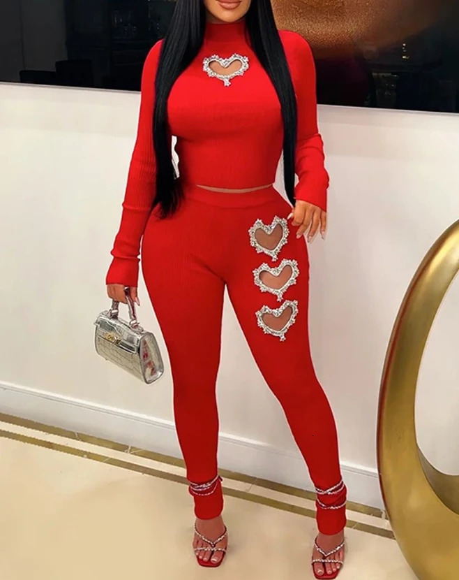 Two piece womens spring fashion hollow heart-shaped Rhinestone plain collar long sleeved top and casual high waisted leggings set 250320