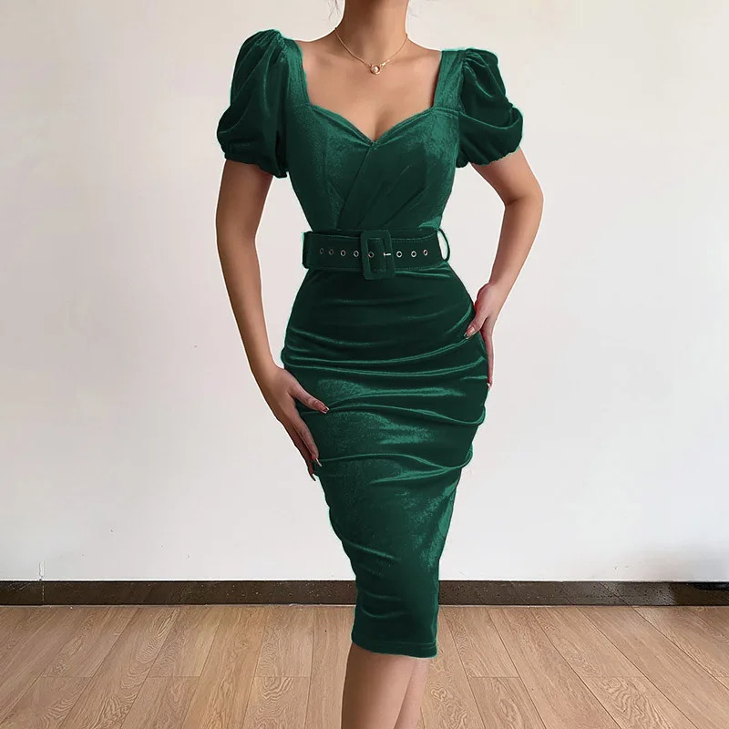 Spring Solid Color Tunic Waist Show Chest Sexy Low Neck Bubble Sleeve Velvet Wrapped Hip Dress 250320