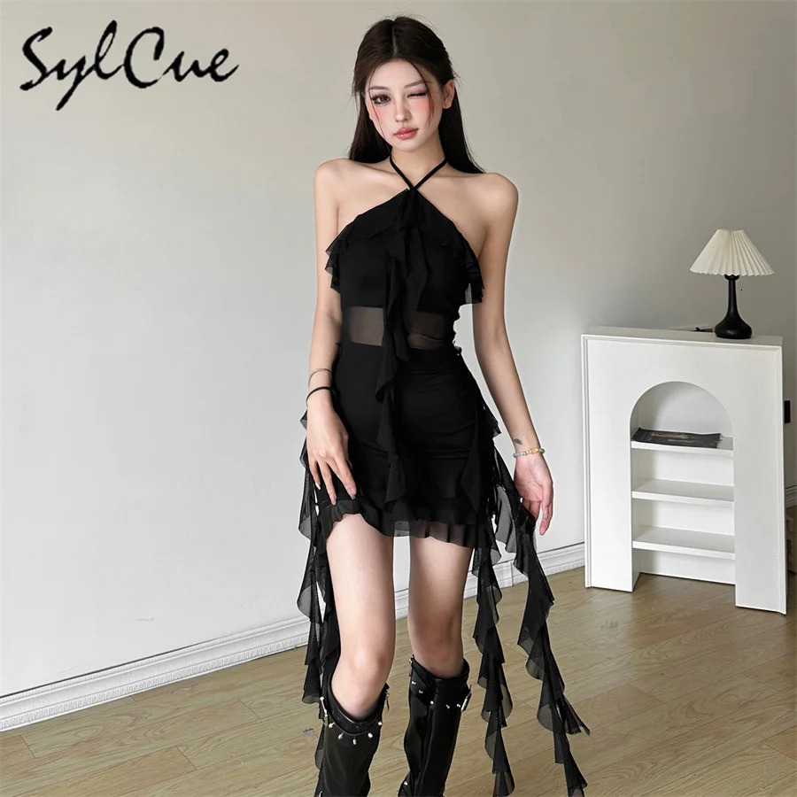 Sylcue Spring Sweet Gentle Sexy Mature Beautiful Elegant Party Queen Womens Short Neck Ruffle fringe Dress 250320