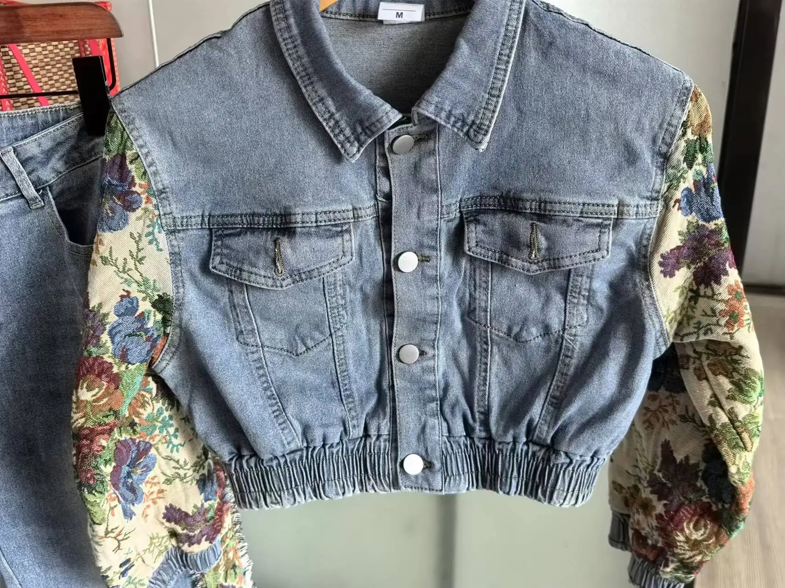 CM.YAYA Denim Womens Set Floral Patchwork Full Sleeve Button Fly Jacket and Ripped Jeans Pants Suit 2024 Two 2 Piece Set Outfit 250313
