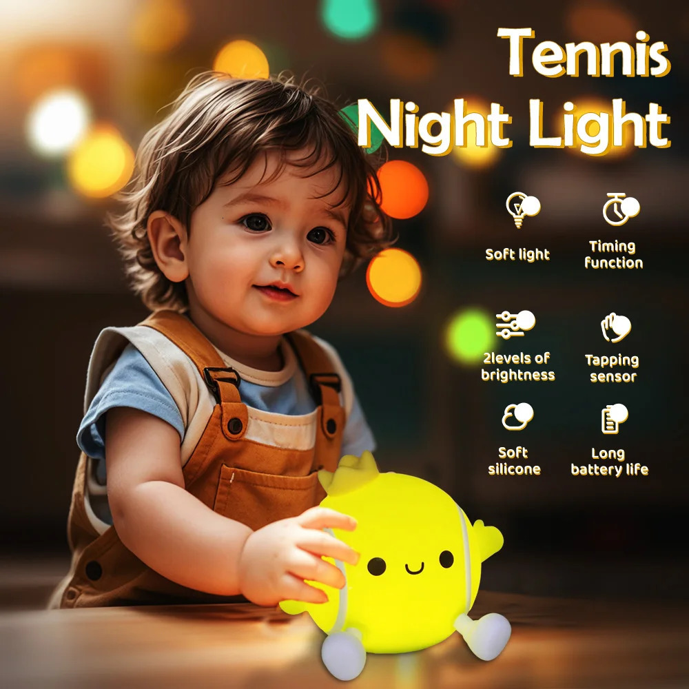 LED Tennis Night Light for Baby Nursery Toddler Fun Football Silicone Sleeping Light Rechargeable Bedside Touch Lamp For Room 250320