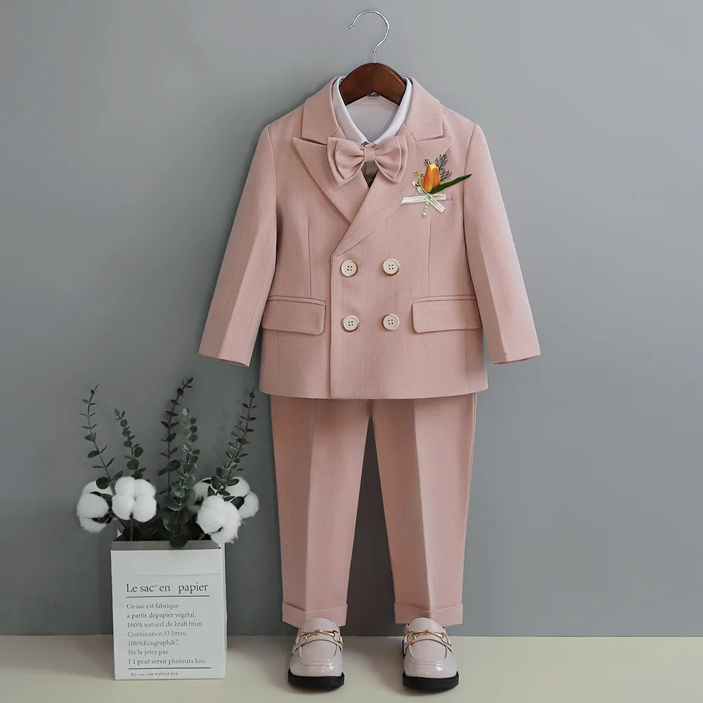 Child Fomal Dress Suit Set British Style Baby Boys Wedding Birthday Party Performance Costume Kids Blazer Pants Bowtie Clothes 250320