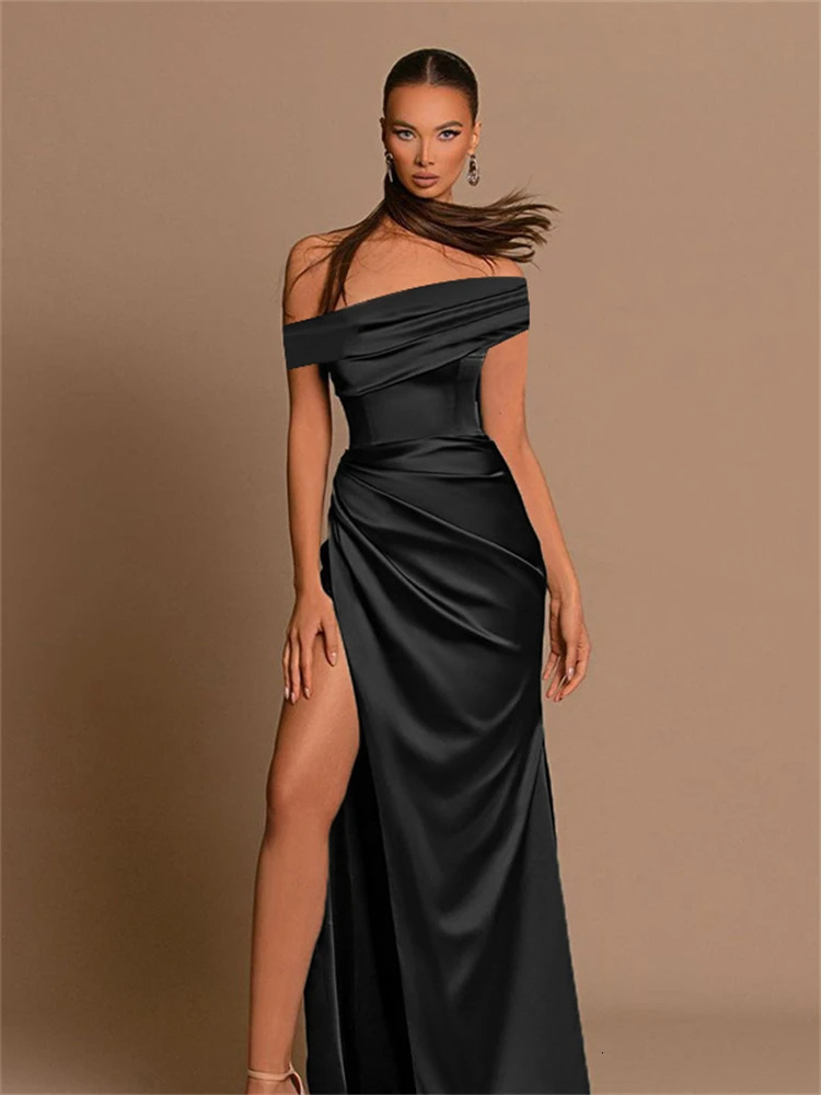 Ladies Autumn Elegant Evening Party Dress Women Satin Sleeveless Backless Side Slit Ruched Maxi Dresses Clubwear Fall Outfits 250320
