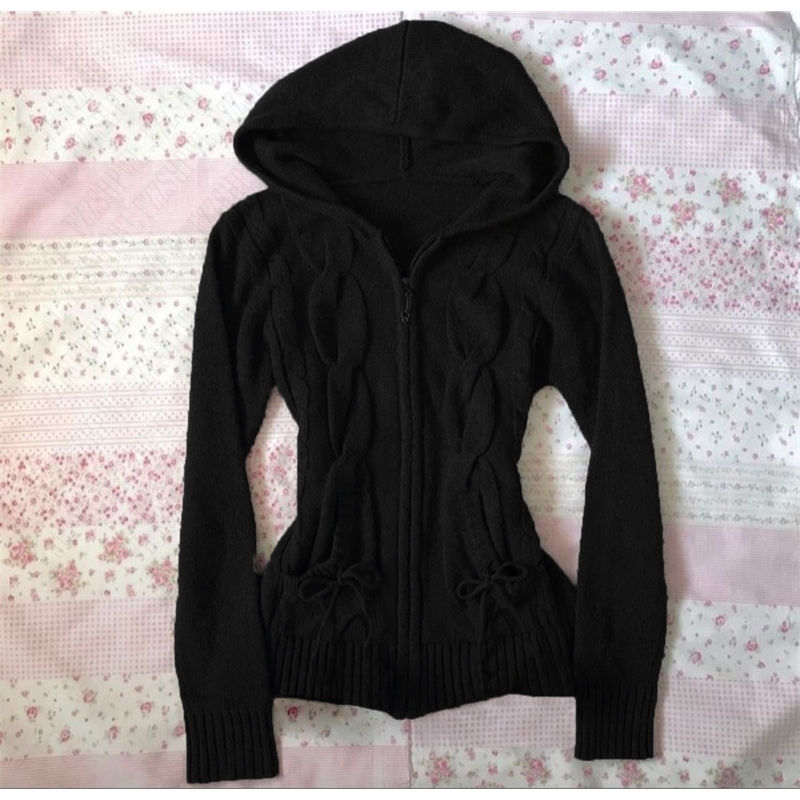 Y2k Streetwear Knitted Zipup Hooded Cardigan Women Long Sleeve Sweater Harajuku Vintage Casual Slimfit Top Coat emo 250225