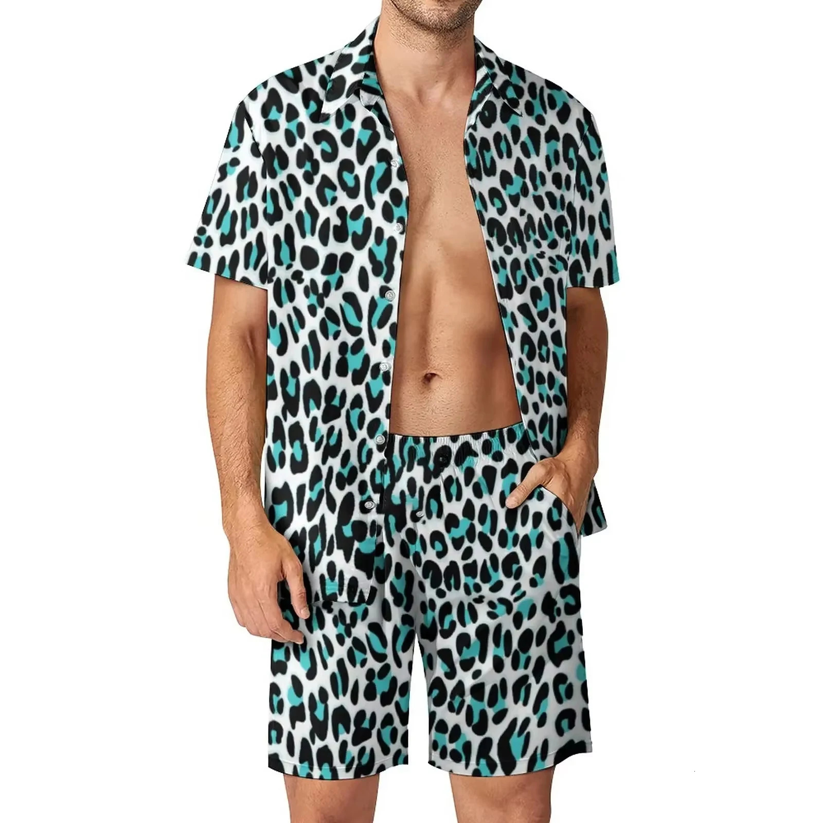 Leopard Shirt Mens Shirt Set Casual Fashion 3D Printed Short Sleeve Shirt Oversized Beach Shorts Hawaiian Set 250314