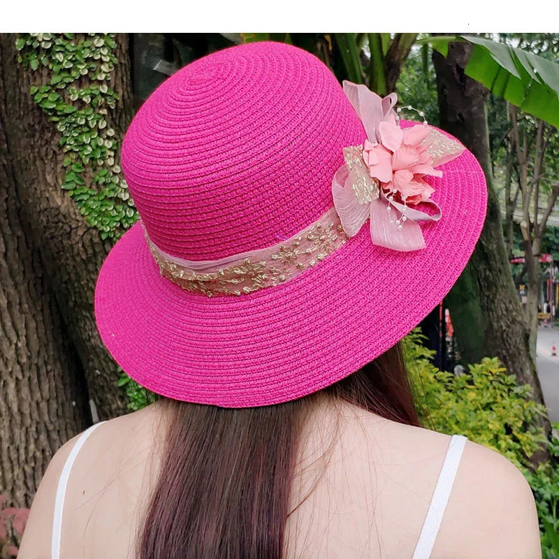 Fashion Women Summer Womens Sun Hat Bucket Cap Beige Lace Bowknot Flowers Ribbon Flat Top Straw Hat Beach Caps Panama Gift 250320