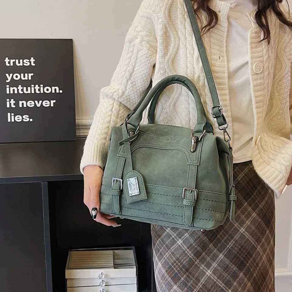 Retro belt luxury womens handbag artificial suede leather shoulder bag designer womens fashionable handbag cross body bag Y250320