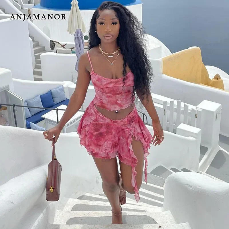 ANJAMANOR Pink Mesh Sheer Sexy Two Piece Set Ruffle Mini Skirt and Cami Top Summer Vacation Outfits for Women Clubwear D17-CF23 250320