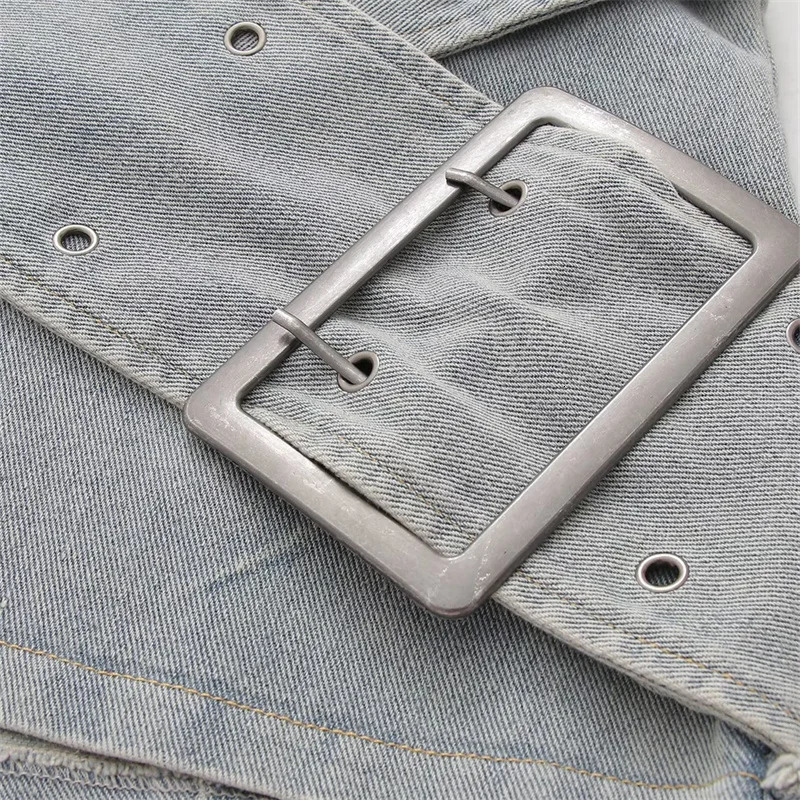 KEYANKETIAN Eyelet Cross Belt Decoration Womens Denim Mini Skirt Y2K Sexy Zip-up Slim Package Hip Stretch Skirt 250320