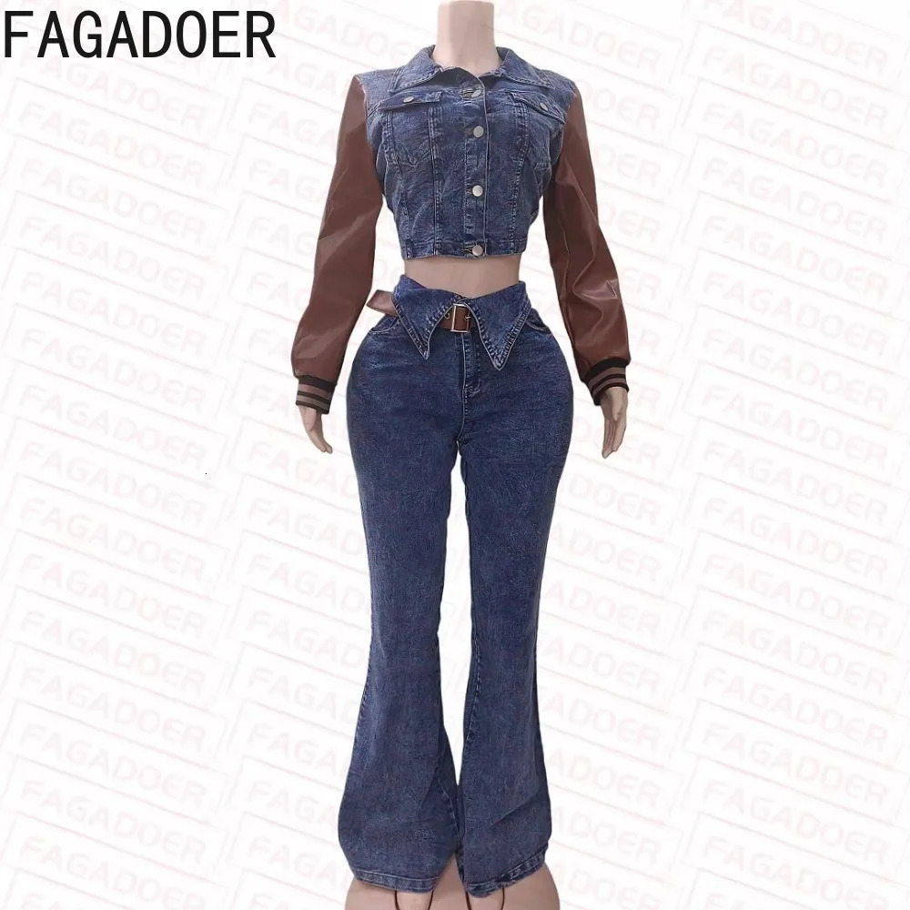 FAGADOER Retro High Quality Denim Womens 2piece Set Fashion Leather Patch Work Crop Jacket and Waist Jeans 250321