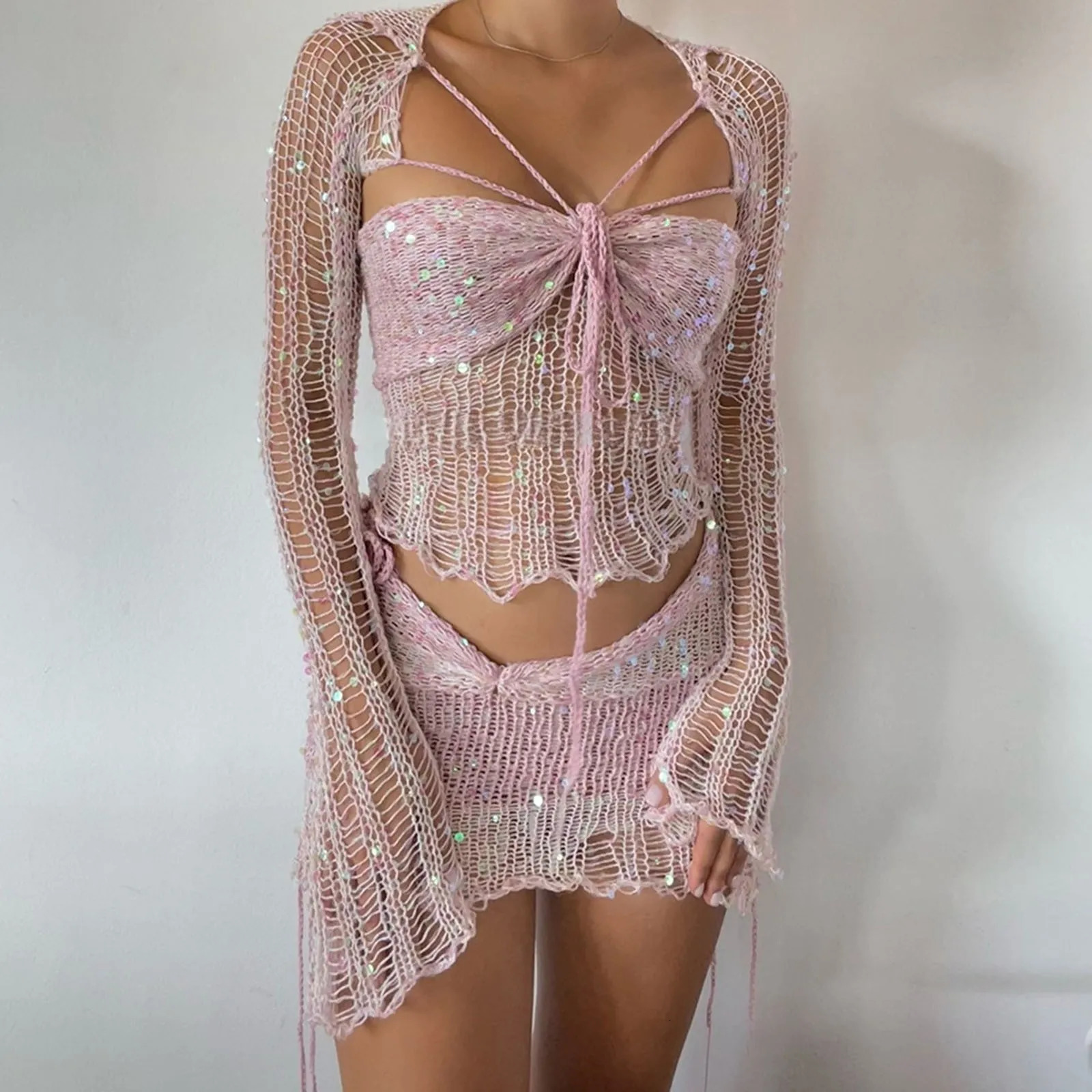 Crochet Knitted Dress 2-piece Ski Set Womens Clothing Sexy Crop Top Nightclub Knitted Glitter Dress 2-piece Set 250318