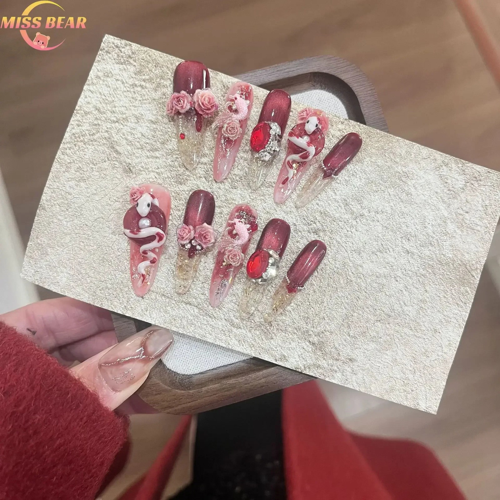 Handmade Beautiful Y2k Press on Nails Years Cat Eye Premium Red with Full Cover Long Coffin Acrylic Nail Tip 250319