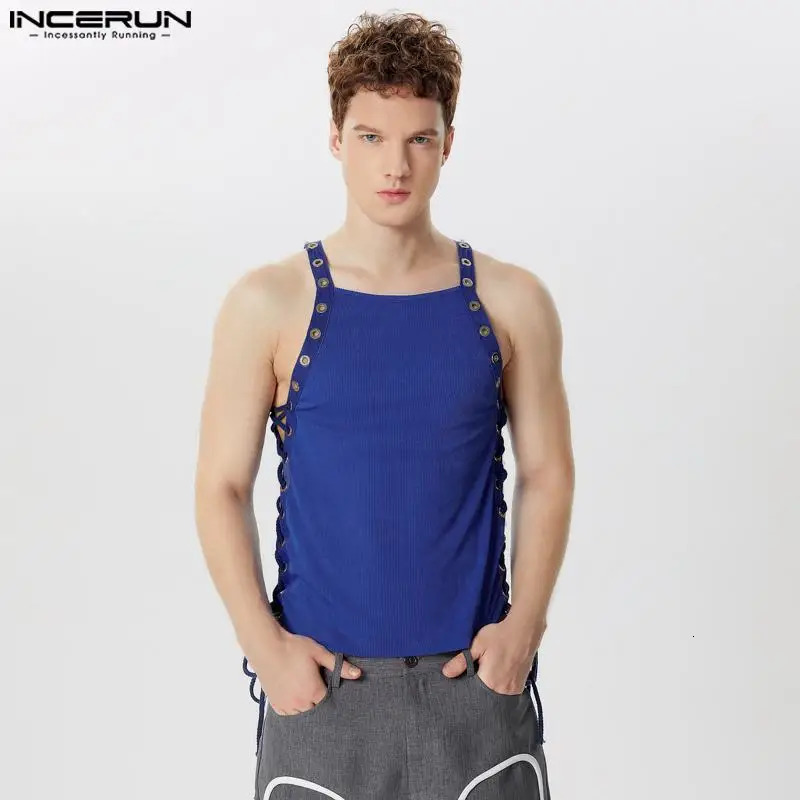 INCERUN Mens Tank Tops Patchwork Lace Up O-neck Sleeveless Vests Summer Fitness Streetwear Hollow Out Fashion Mens Clothing 250318