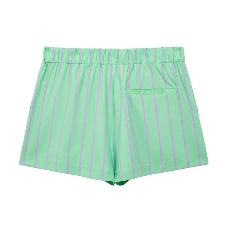 Willshela Women Fashion Two Piece Set Green Striped Single Breasted Shirt Elastic Waist Shorts Chic Lady Sets 250311