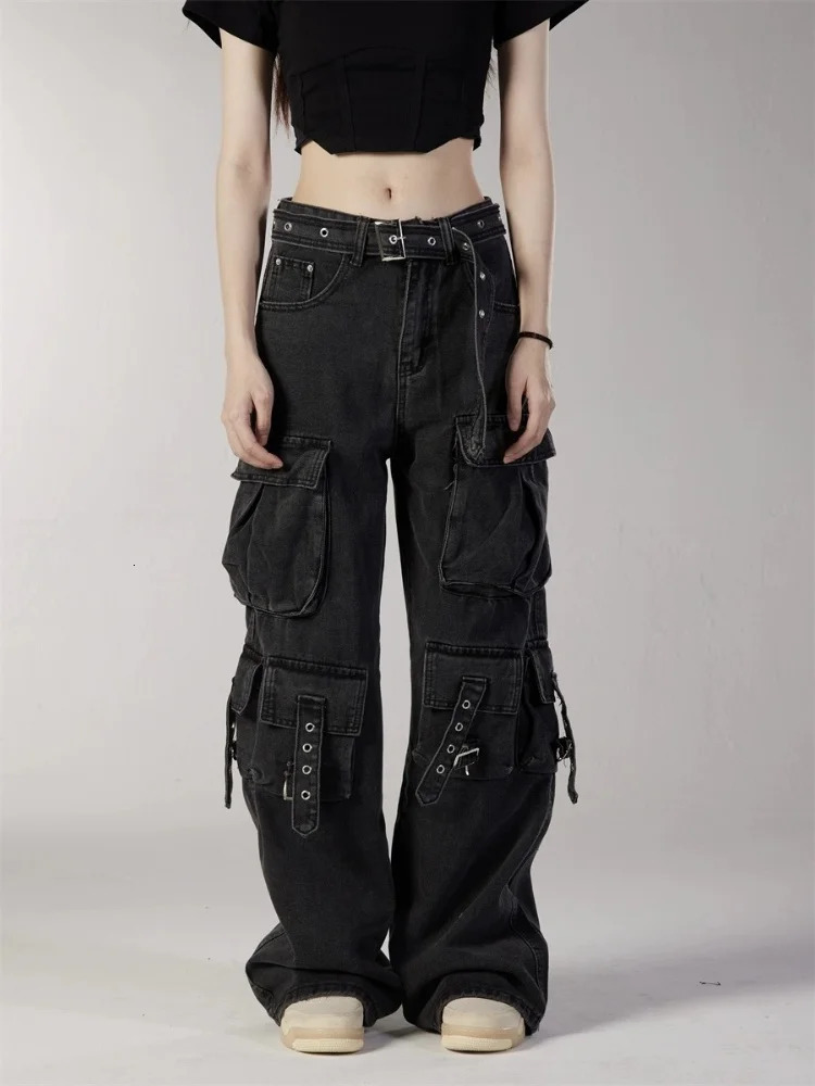 Cyber Y2K Streetwear Washed Black Baggy Cargo Jeans Pants For Women Clothing Multi Pockets Hip Hop Lady Trousers Womens Clothing 250320