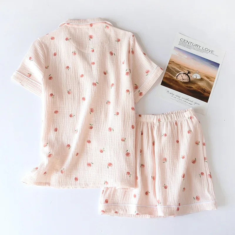 Summer Ladies Short-sleeved Shorts Pajamas Set 100% Cotton Crepe Cloth Thin Home Service Two-piece Spring And Autumn Loose 250318