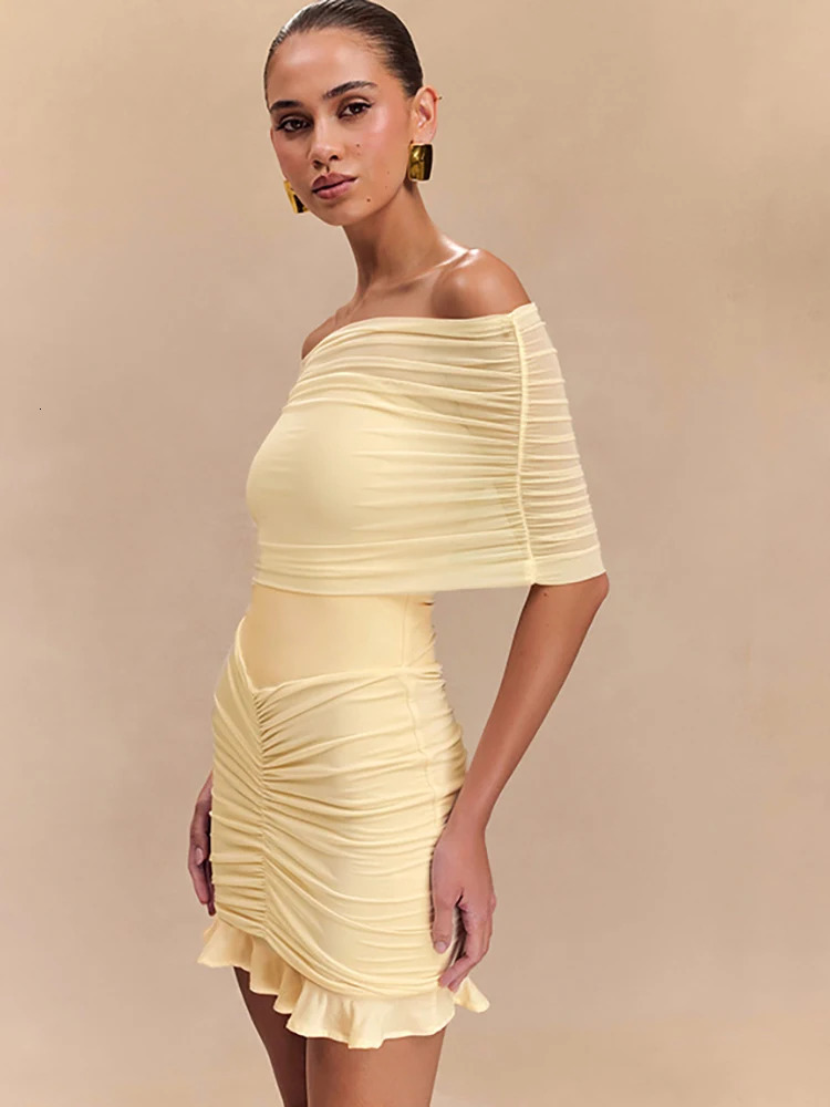 JULISSA MO Sexy Off Shoulder Mesh Women Mini Dress Pink See Through Ruffle Dress Female Spring Skinny Elegant Party Club Dresses 250320