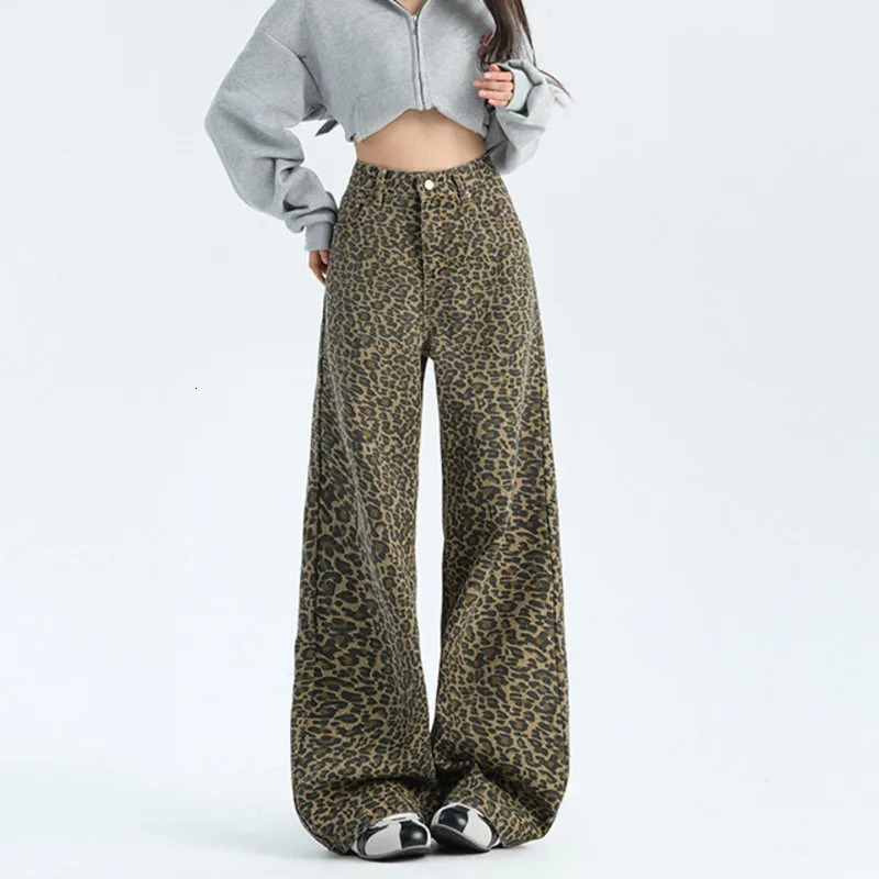 #2639 Streetwear Leopard Denim Jeans Women Loose High Waisted Vintage Long Jeans Femme Straight Wide Leg Jeans Ladies Autumn 250320