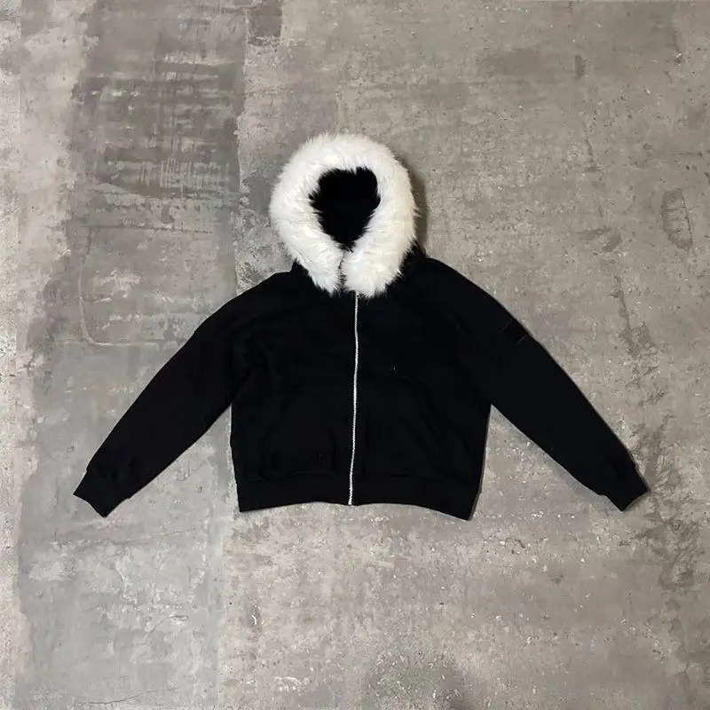 American subculture fashion retro fur collar hoodie women loose cardigan Gothic oversized jacket Y2k coat mood emo 250320