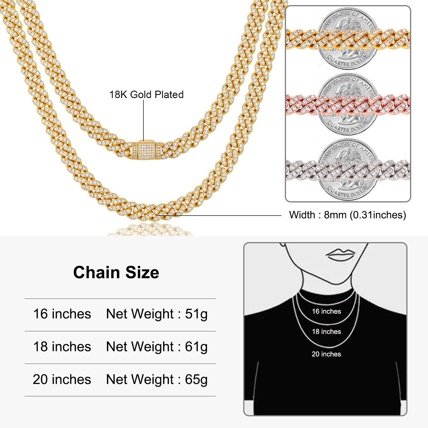 6mm 8mm Width Fashion Miami Cuban Chain Necklace For Women Mens Hip Hop Jewelry Copper Cubic Zirconia Bling Charm Chains