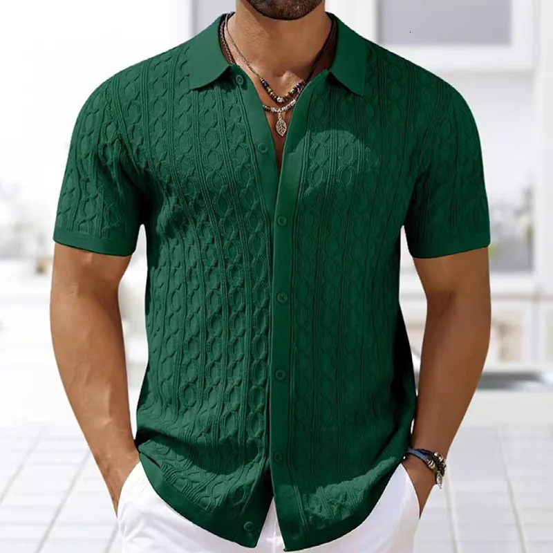Summe Embroidered Mens Short Sleeve Fashion Knitted Shirt 2025 Business Solid Color Casual Button Open Polo Top 250320