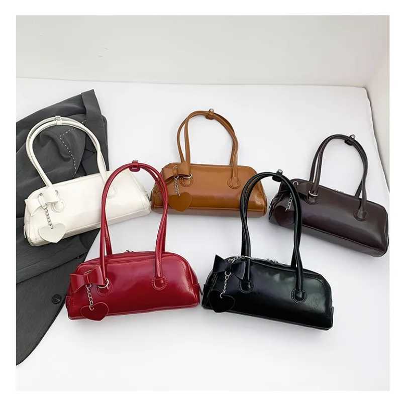Womens Minimalist Solid Color Shoulder Bag Elegant Commute Burgundy Underarm Bag with Bow Pendant Vintage PU Leather Ladies Bag Y250319