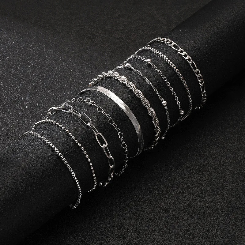 10 pieces of retro statement gold flat snake chain box chain bracelet Bohemian multilayer metal bracelet womens summer jewelry 250318