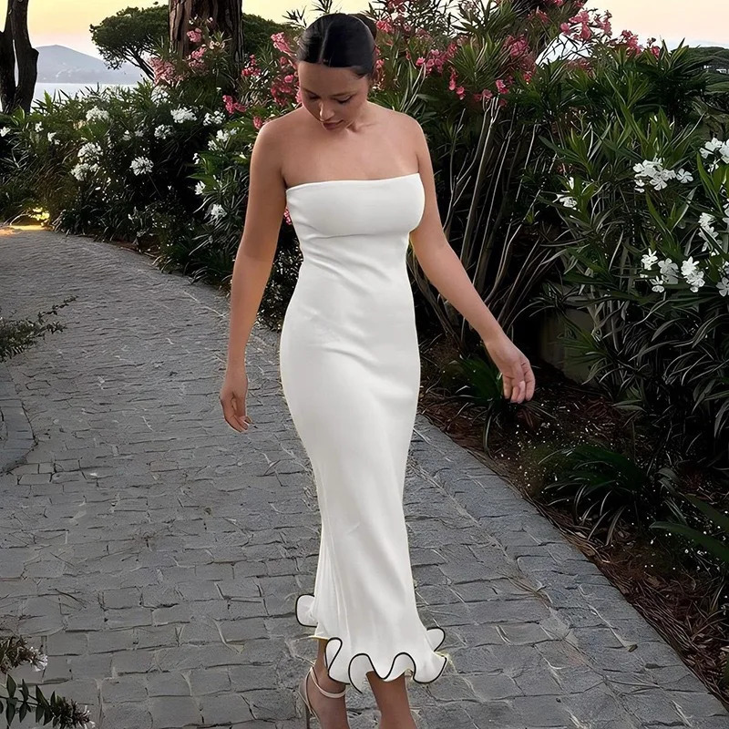 womens strapless slim fit bag long dress with ruffled hem sexy and elegant party night out summer club outfit 250320