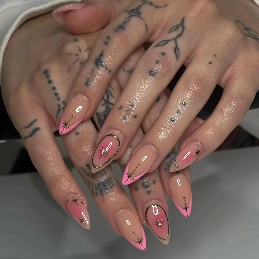 24Pcs False Nails Spicy Girl Silver Bow with Diamond Fake Nails with Glue Almond Press on Nails Black Cool Y2k Almond Nail Set 250319