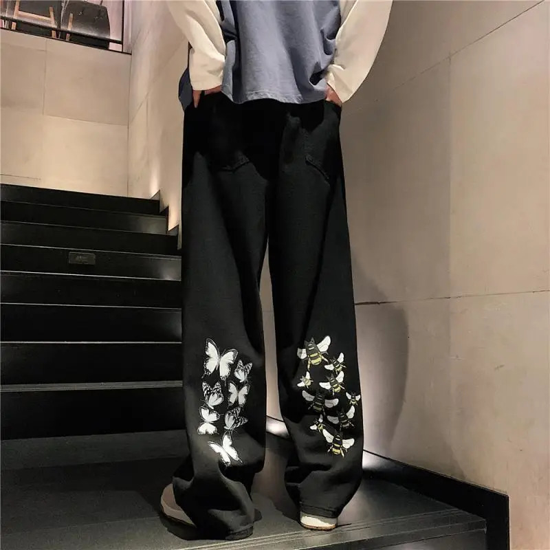 Fashion Butterfly Bee Bag Jeans Mens Hip Hop 90s Retro Grunge Emo Denim Pants Aesthetic Brushing Boys Street Clothing 250317