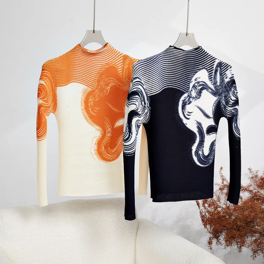 Miyake Runway Two Piece Set Women Flower Print High Stretchy Pullover T-Shirts Pleated Long Skirts Suit Female Outfits 250320