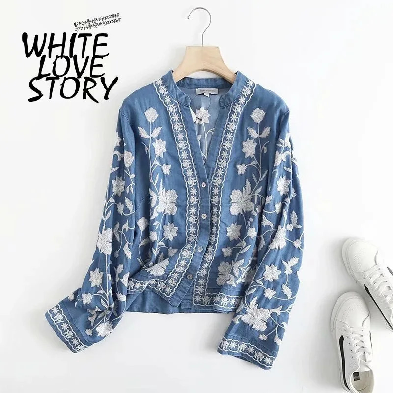 3/4 Sleeve Denim Shirt Womens Spring/Summer Soft Jeans V-neck Floral Embroidery Top Thin Coat T35432M 250317