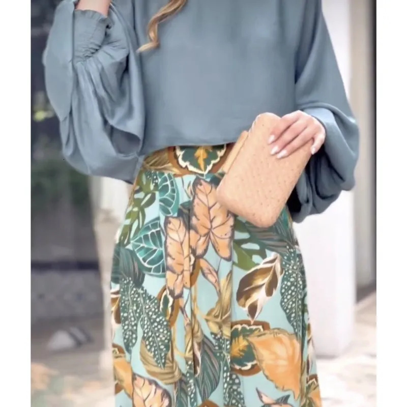 Summer Womens Clothing Set Lantern Sleeves Loose Top Printed Wide Leg Pants Two Piece Set Casual Ladies Trouser Outfit 250320