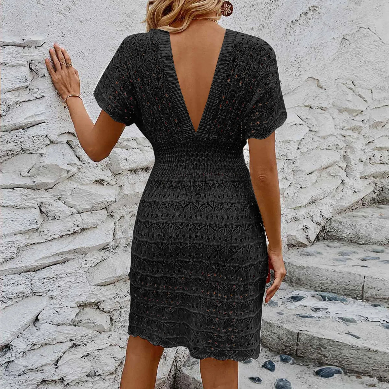 Womens Bohemian Summer Dress Deep V-neck Short sleeved Beach Dress Hollow Knitted Sun Skirt Swimsuit Cover Dress 250317