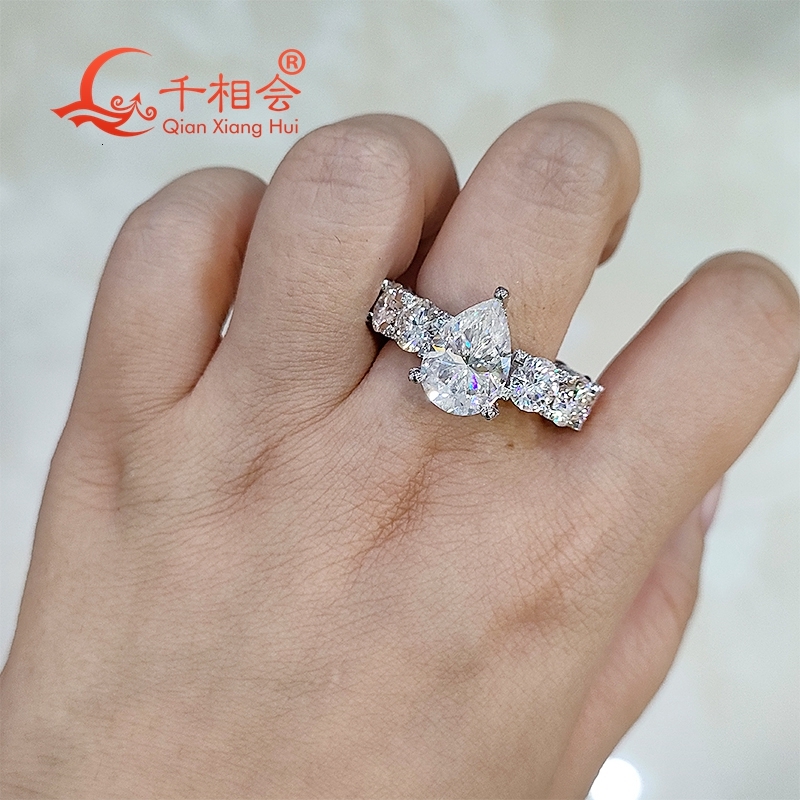 S925 Silver Full Band Setting Ring with 9x13mm Pear round And Melee D VVS White Moissanite - Wedding Jewelry Rings