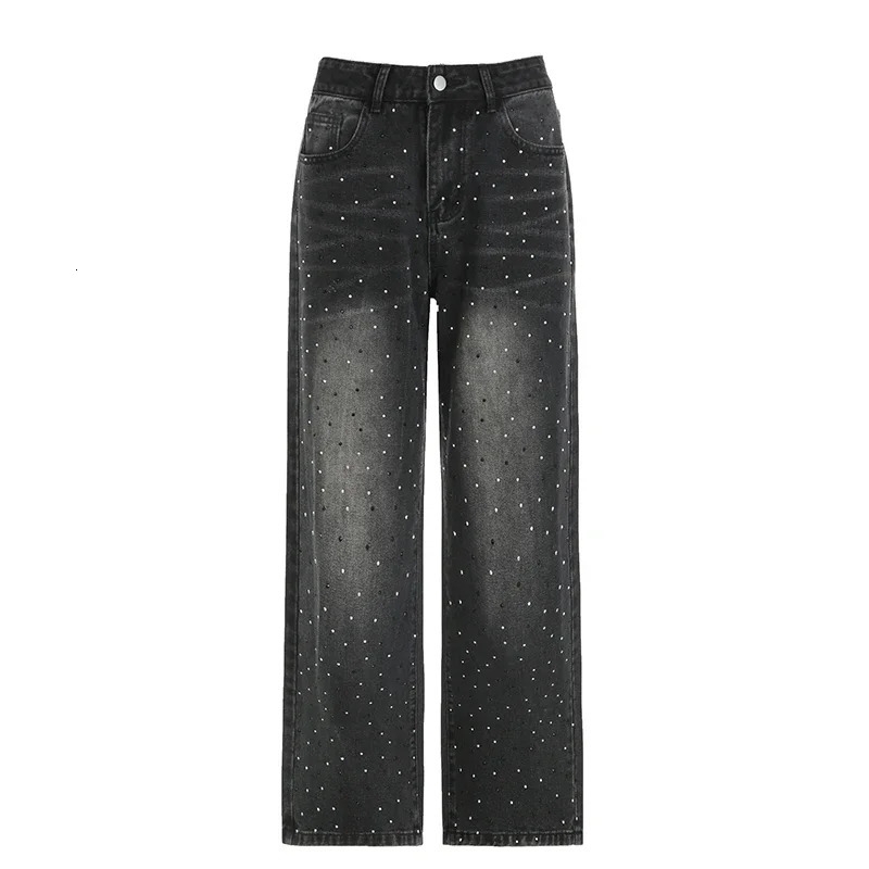 Streetwear Rhinestone Jeans Women High Waist Fashion Loose Straight Wide Leg Denim Trousers Chic Grunge Harajuku Cargo Pants 250320