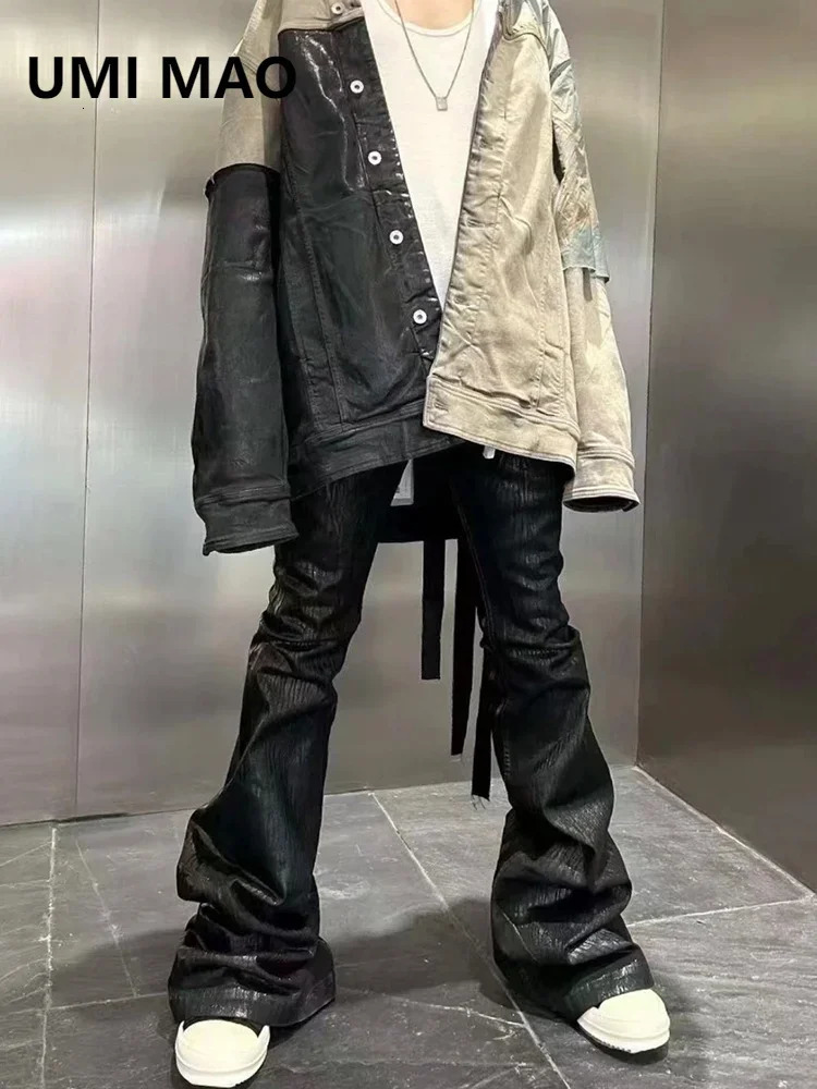 UMI MAO RO Style 2023 niche dark brush wax coating pure black high elasticity ribbon jeans wide leg micro flash pants for men 250320