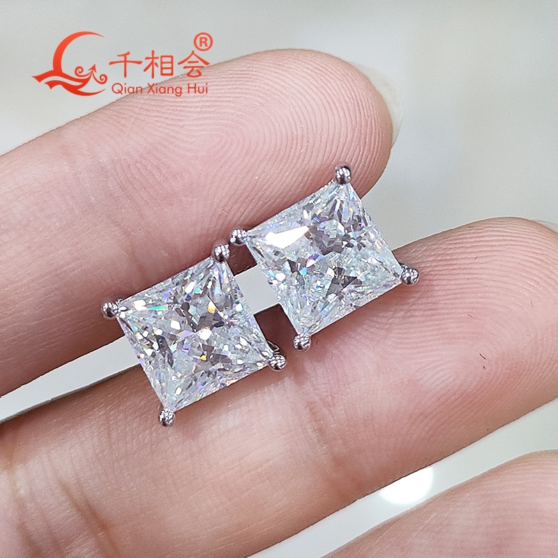 S925 silver 8*8mm 2ct square shape D VVS moissanite stone ear stud Earring for jewelry gift dating women wedding