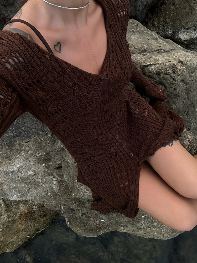 Trendix deep V-neck long sleeved dress for women sexy hollow elegant long open front dress autumn and winter street casual knitted dress 250320